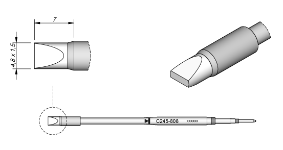 C245-808 (4.8x1.5mm x 7mm) JBC Tools Chisel Soldering Cartridge, 20mm  Longer than the C245-908