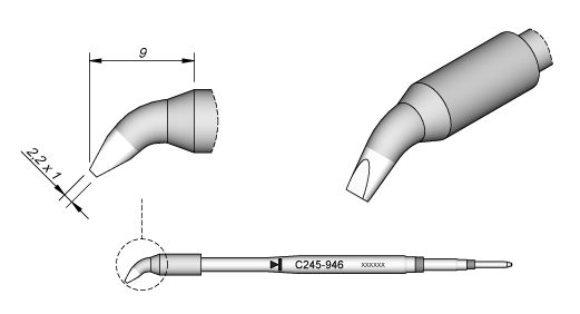 C245-946 (2.2 x1mm x 9mm) JBC Tools Bent Soldering Cartridge